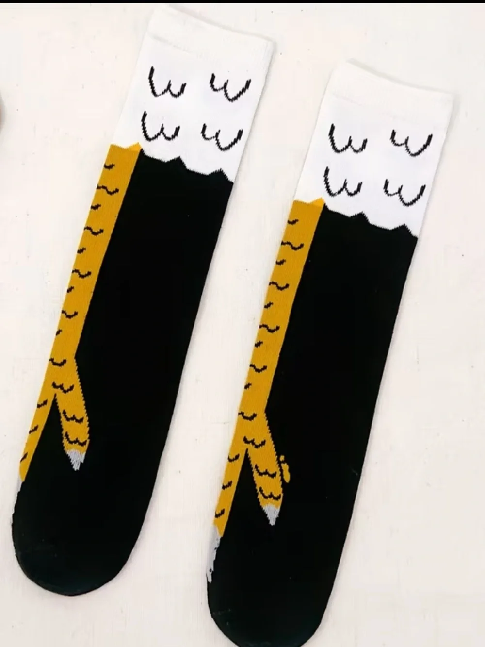 Quirky Bird Claw Crew Socks – Novelty Black White Yellow